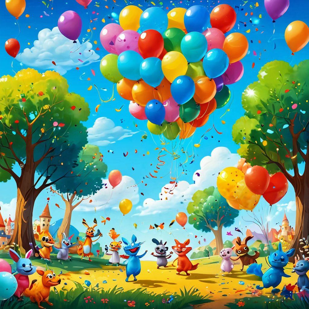 A vibrant, magical scene featuring whimsical cartoon characters laughing and sharing humorous moments together, surrounded by playful, colorful elements like balloons and funny props. The background is a whimsical landscape full of surreal trees and imaginative creatures, radiating joy and laughter. Elements of motion and fun, such as confetti raining down and animated expressions, should be present. bright colors, surrealism, playful illustration.