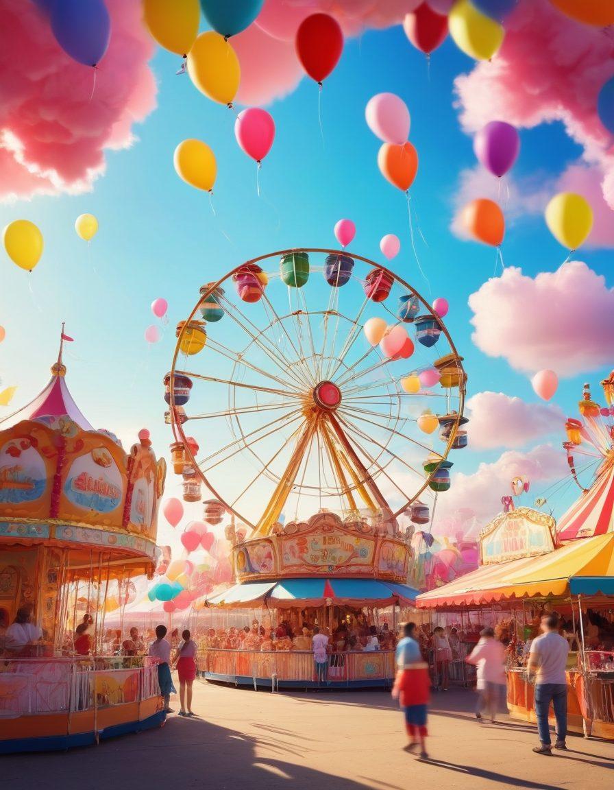 A whimsical scene featuring a vibrant carnival filled with colorful balloons, laughter, and playful characters engaged in funny activities. Include a cheerful clown juggling, children giggling on a merry-go-round, and a bright sun casting warm rays down on the joyful festivities. The background should showcase a spinning Ferris wheel and cotton candy stands, creating an atmosphere of pure delight. cartoonish style. bright colors. energetic mood.
