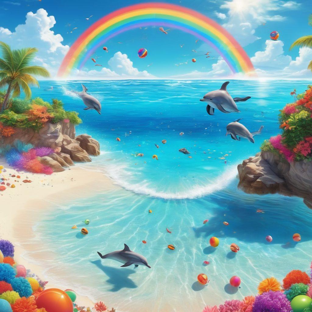 A whimsical scene featuring a bright, sunlit beach with people joyfully diving into crystal-clear water, surrounded by colorful coral reefs and playful dolphins. The sky is dotted with fluffy clouds, and there’s a vibrant rainbow arching overhead. Add elements like beach balls and floating toys to emphasize fun and happiness. Illustrate with vibrant colors and a playful cartoon style.